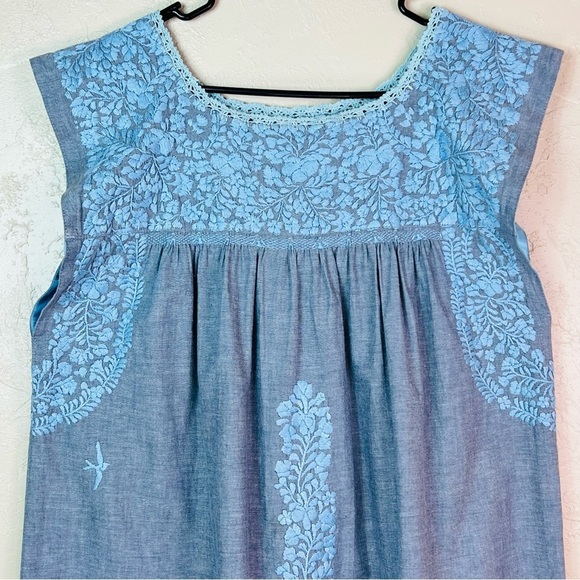 MI GOLODRINA FLORES SHIFT DRESS EMBROIDERED CHAMBRAY DENIM SIZE LARGE - Picture 5 of 8